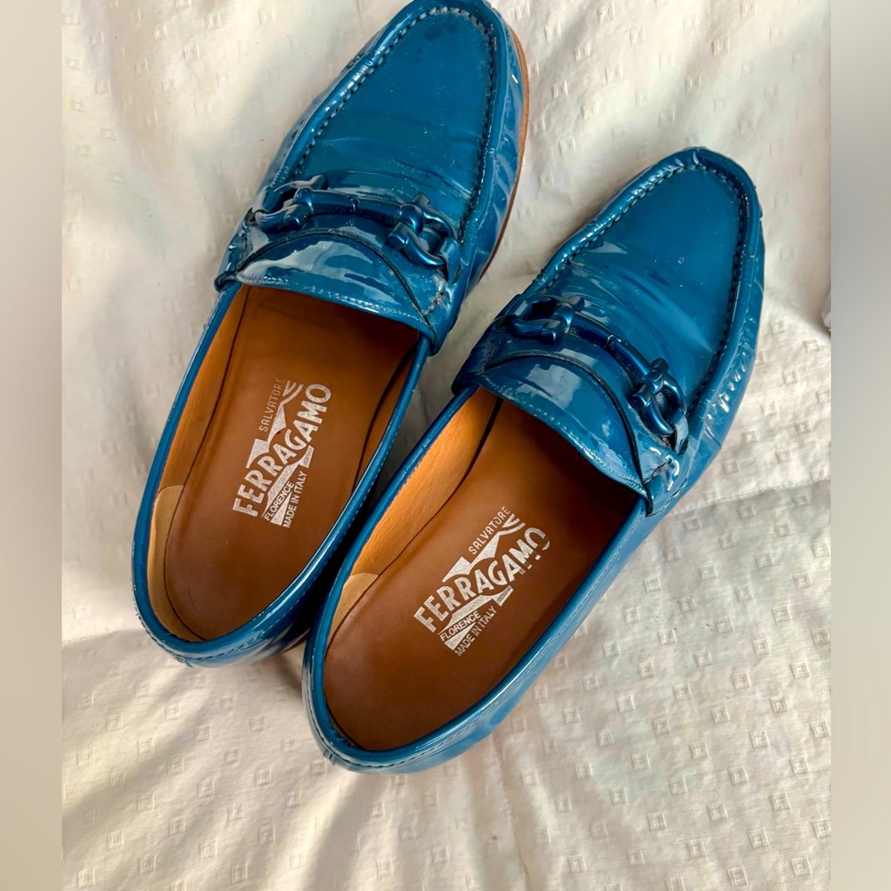 Ladies Ferragamo pacific blue patent loafers